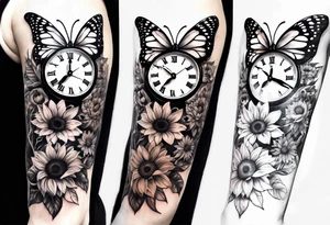 Sleeve with clock, sunflower and butterflies tattoo idea