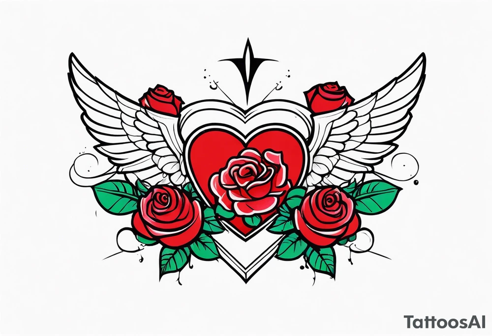 winged heart and roses tattoo idea