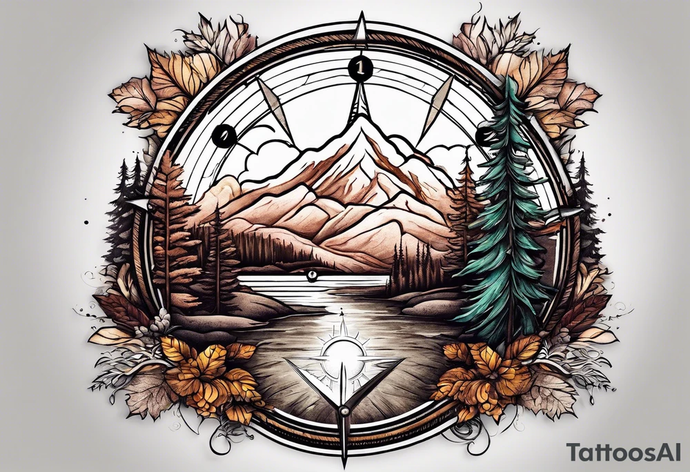 Road, mountain, trees, river, compass tattoo idea