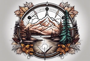 Road, mountain, trees, river, compass tattoo idea