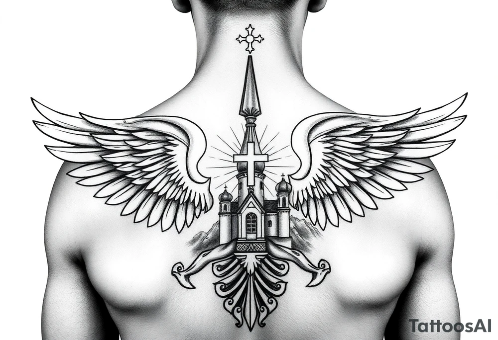russian coat of arms with both heads visible & wings spanning out on my back neck across on to my shoulders with an orthodox christian church being visible in a mountainous sun beaming setting, with the russian orthodox cross spire of the orthodox church being visible on my neck with a sun beaming in the background that the cross sits inside tattoo idea
