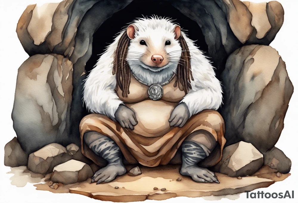 a solitary fat female mole with skin covered in short white fur with brown dreadlocks sitting in stone throne in a cave tattoo idea
