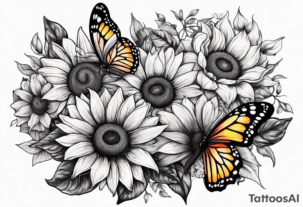 Sleeve with butterflies and sunflowers tattoo idea