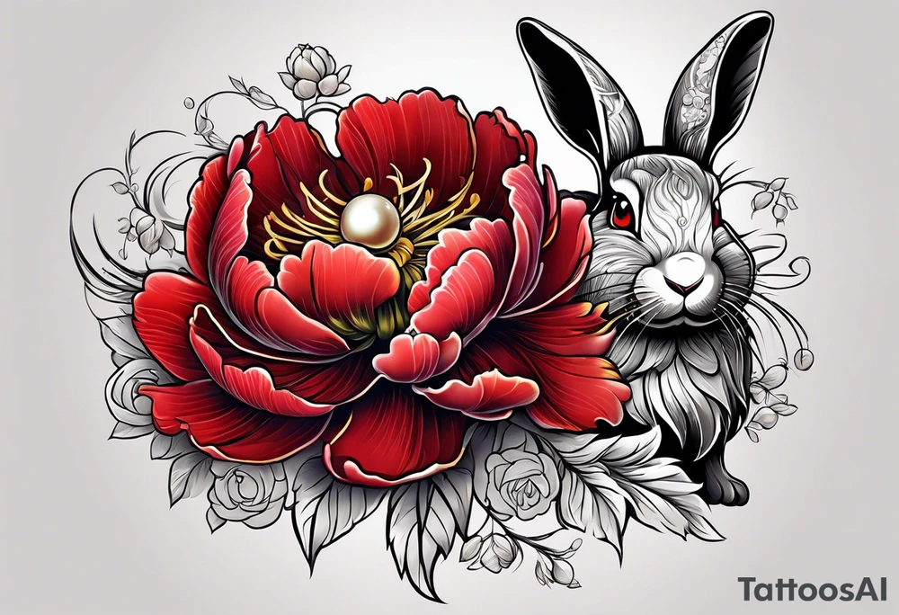 Red peony with pearl necklace and a rabbit tattoo idea
