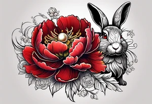 Red peony with pearl necklace and a rabbit tattoo idea