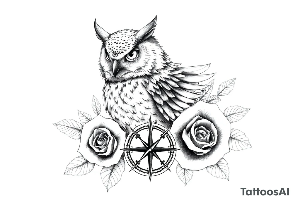 an owl,roses,compass. tattoo idea