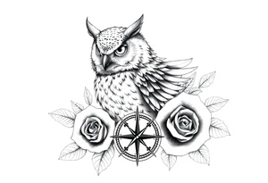 an owl,roses,compass. tattoo idea