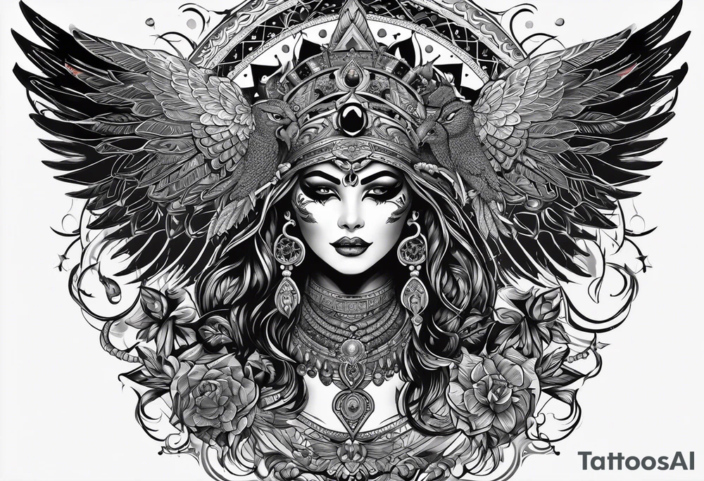 black kali, goddess pirate, alien, angel, pachamama, valkrye, warrior, flying, skull, lotus azul, wing, eagle, zenza resonance, stars, 5D, anahata chakra tattoo idea