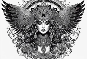 black kali, goddess pirate, alien, angel, pachamama, valkrye, warrior, flying, skull, lotus azul, wing, eagle, zenza resonance, stars, 5D, anahata chakra tattoo idea