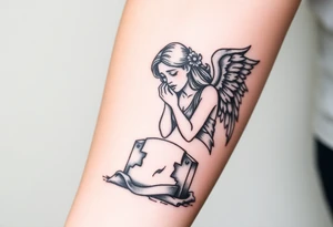 Beautiful woman angel crying on a tombstone tattoo idea