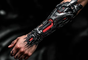 A biomechanical forearm sleeve with blackened steel tendons and pulsing red LED-like highlights under semi-transparent skin. tattoo idea
