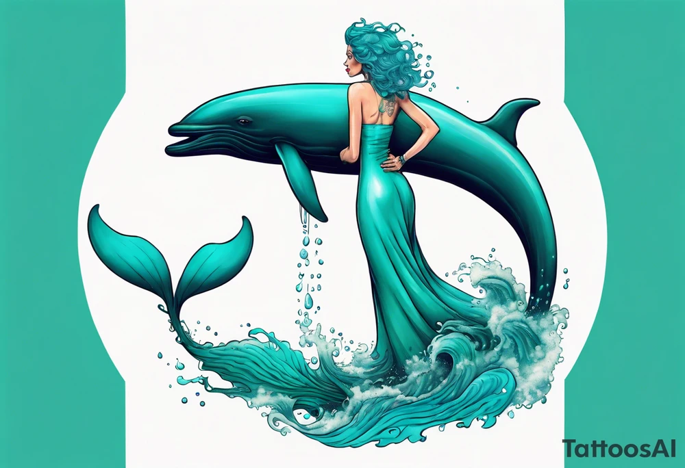 a tall woman made of water with turquoise hair standing on the back of a whale tattoo idea
