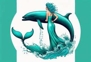 a tall woman made of water with turquoise hair standing on the back of a whale tattoo idea
