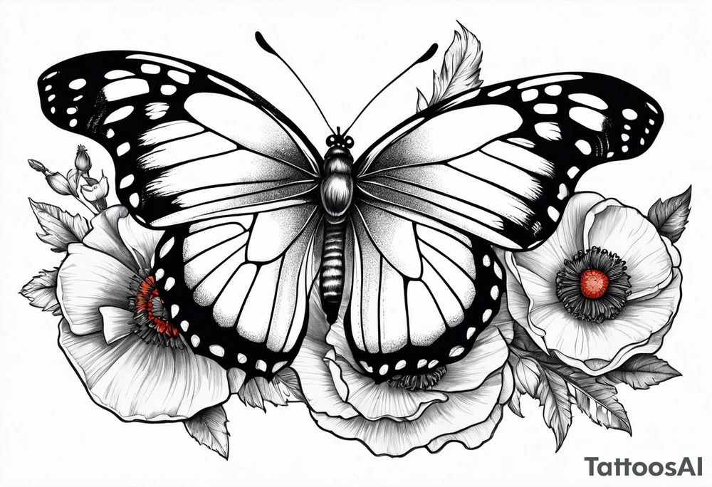 Butterfly with poppy flowers as the top wings tattoo idea