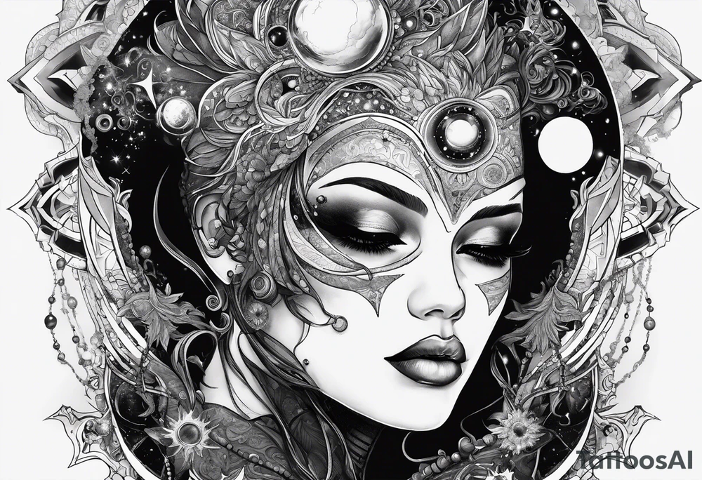 A tekno raver whose face is a mirror reflecting a cosmic scene with planets, black holes, and supernovae. tattoo idea