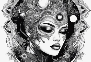 A tekno raver whose face is a mirror reflecting a cosmic scene with planets, black holes, and supernovae. tattoo idea