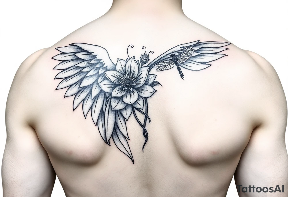Single Angel wing shoulder design with a floral waterlily and dragonfly design above it tattoo idea