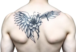 Single Angel wing shoulder design with a floral waterlily and dragonfly design above it tattoo idea