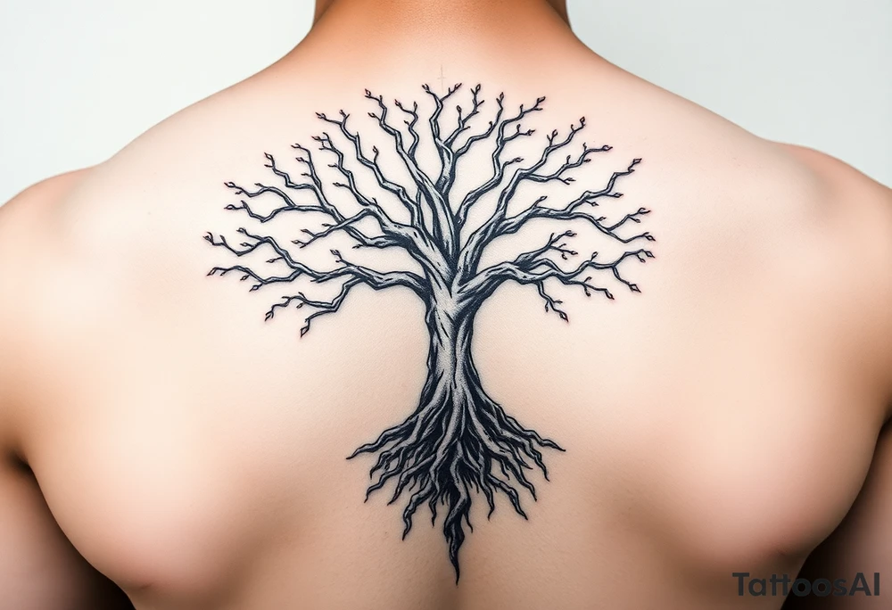 mystical tree of life with cosmic roots and celestial branches tattoo idea
