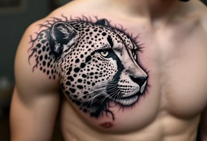 realistic cheetah covering the entire side chest with the number 62 tattoo idea