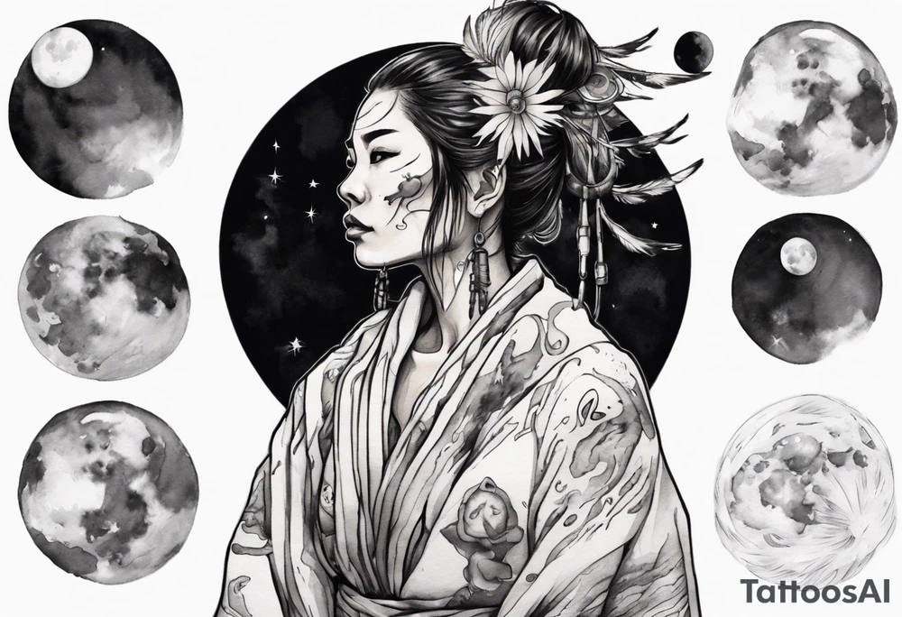an indigenous woman wearing black and white robes standing on the moon tattoo idea