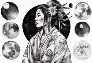 an indigenous woman wearing black and white robes standing on the moon tattoo idea