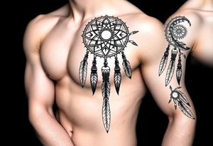 native dreamcatcher with flowing feathers and sacred beads tattoo idea