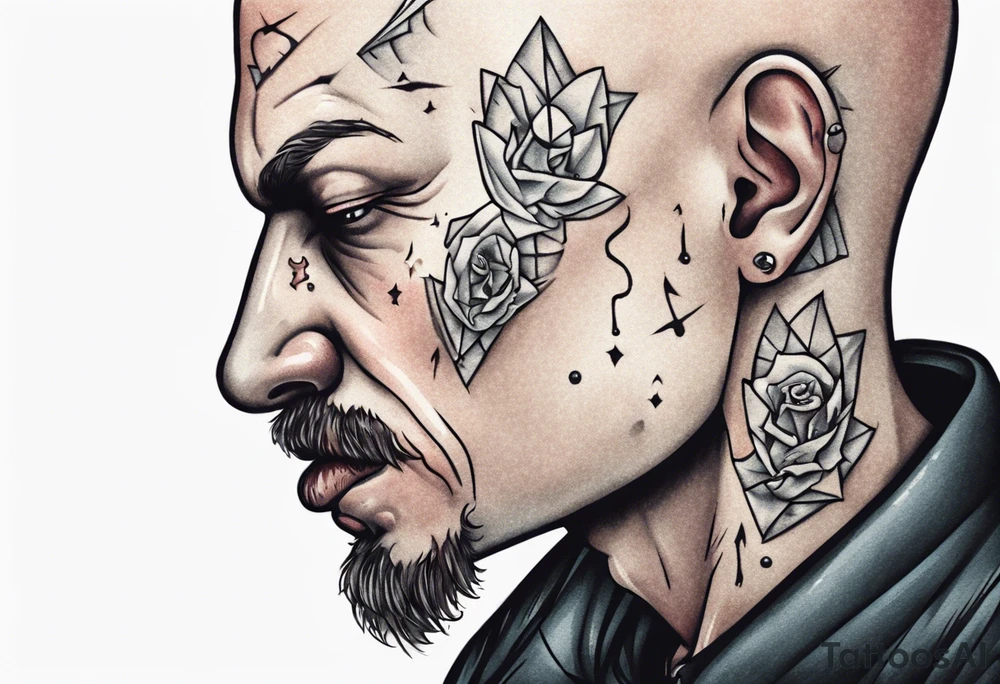 bald heartbroken man closeup van dyke with soul patch tattoo idea