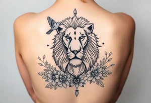 powerful majestic lion with a crown, surrounded by floral ornaments and birds tattoo idea