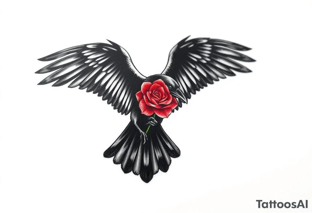 A black crow soaring symmetrically gracefully with its wings fully extended, each feather intricately detailed to capture a sense of movement and depth. In its talons, it gently carries a vibrant red rose, its petals vivid and delicate. The composition blends realism with deep symbolism, representing strength, transformation, and the enduring connection between life, resilience, and the unseen forces that guide and protect. The concept is on a crisp white background. tattoo idea