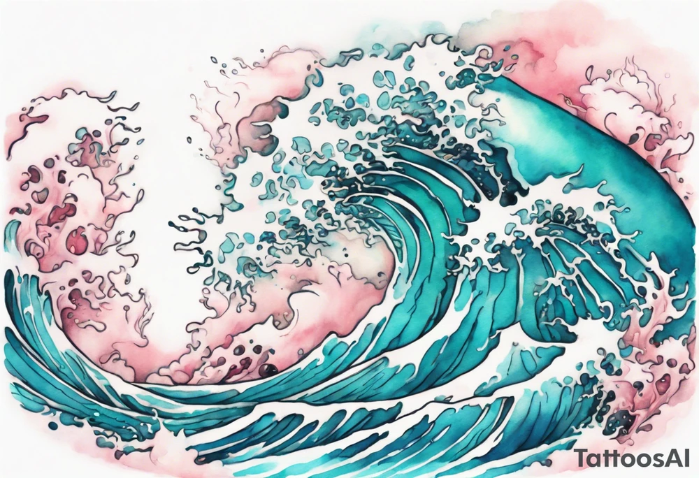 a beautiful turquoise and white and pink Orm Embar rising from the blue waves of the ocean tattoo idea