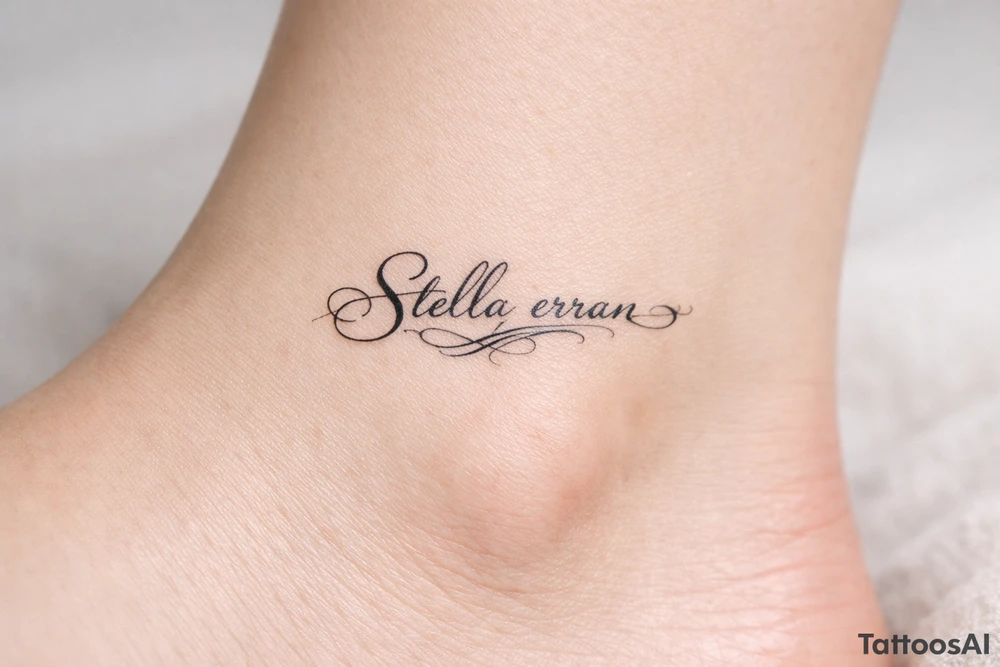 Delicate calligraphy of Stella erran on the inner ankle tattoo idea