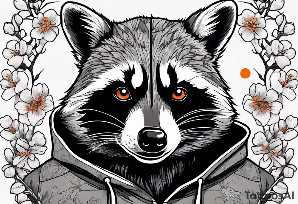raccoon wearing a black and white Superman hoodie and orange Japanese cherry blossoms tattoo idea