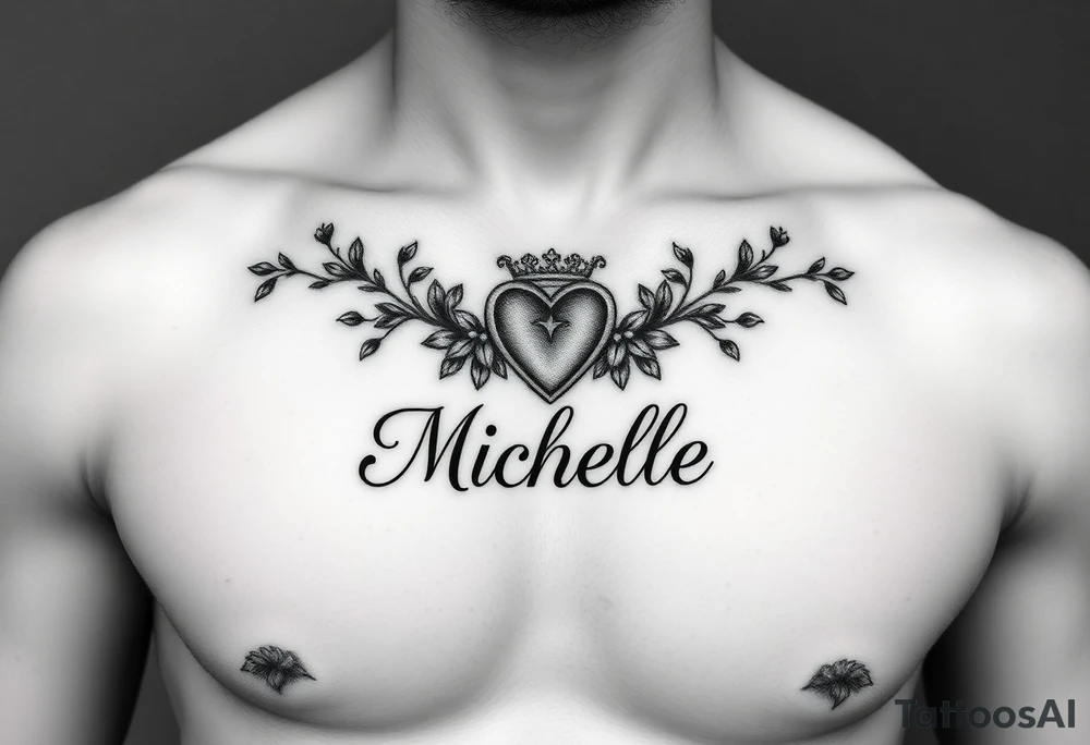 Design a tattoo for a man’s chest of a woman’s name (Michelle). Incorporate a subtle Irish Claddagh. Have the name Michelle separate to the heart. Make the tattoo tasteful and elegant. Incorporate Irish wildflowers tattoo idea