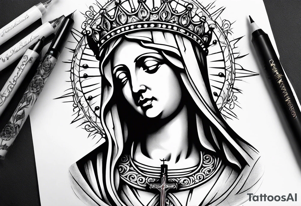 sleeve of virgin mary statue, rosary, 3 candles, and a crown of thorns tattoo idea