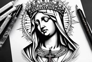 sleeve of virgin mary statue, rosary, 3 candles, and a crown of thorns tattoo idea