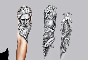 Full left arm tattoo sleeve with the Greek gods, Zeus. Zeus' face is at the left shoulder, and the Corinthian at the bicep. On the Left forearem will have Japanese style waves with Koi fish tattoo idea