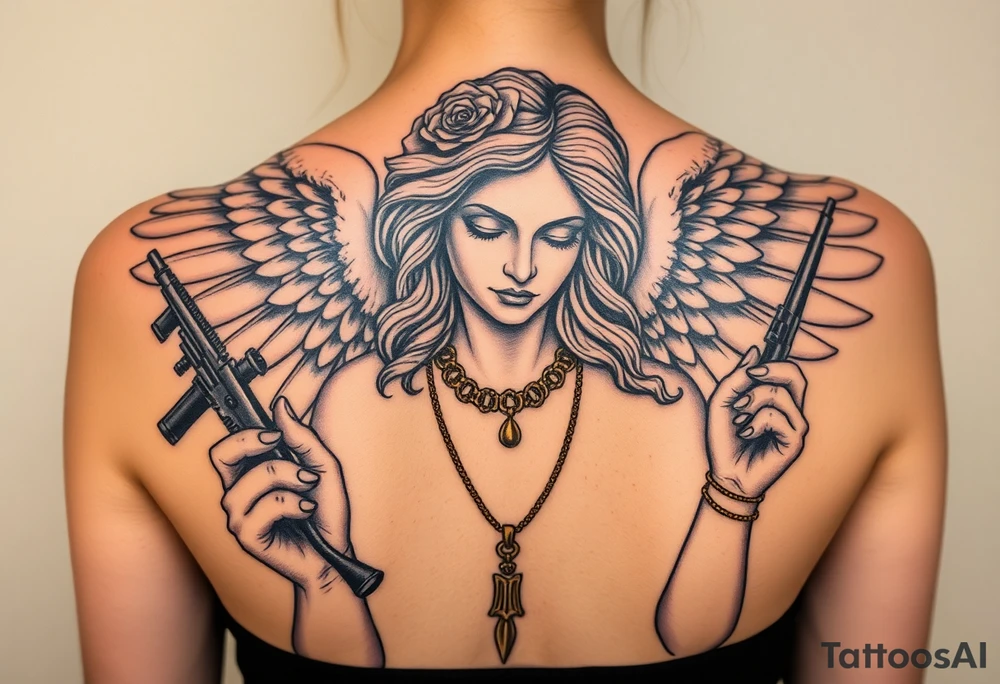 old angel statue in criminal style, tattooed and at the same time contemporary, weapons in hand, gangster-style gold necklaces tattoo idea