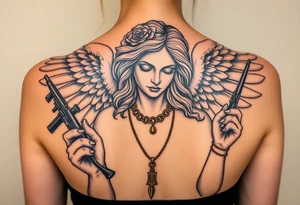old angel statue in criminal style, tattooed and at the same time contemporary, weapons in hand, gangster-style gold necklaces tattoo idea