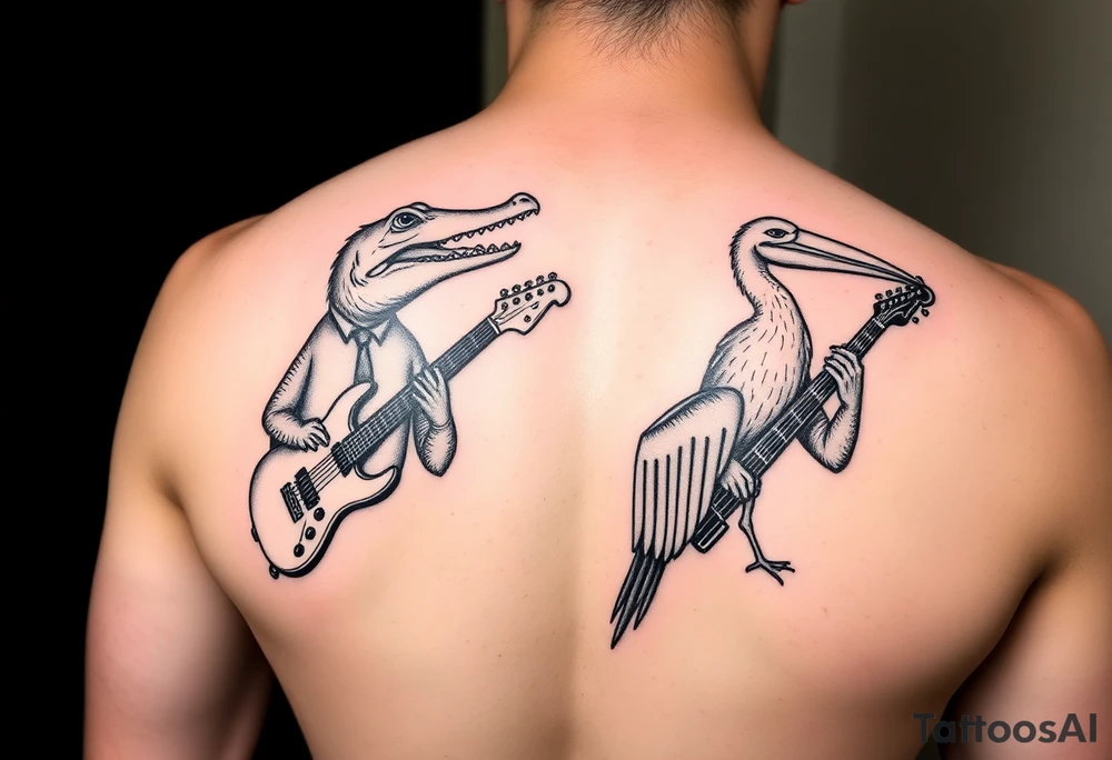 jazz musicians that are alligators and pelicans tattoo idea