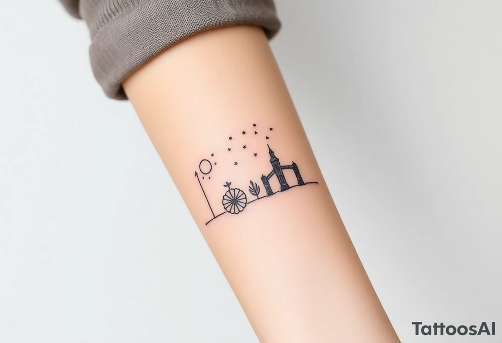Nature tattoo mixing symbols of italy, Ireland, wales, and london in a linear, narrow for forearm tattoo with small pops of color tattoo idea