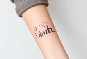 Nature tattoo mixing symbols of italy, Ireland, wales, and london in a linear, narrow for forearm tattoo with small pops of color tattoo idea