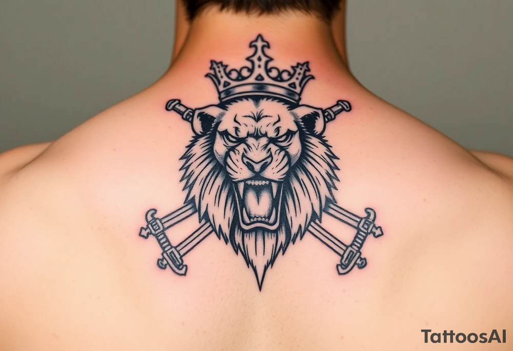 Fierce lion roaring, crown tilted, crossed swords framing its head. tattoo idea