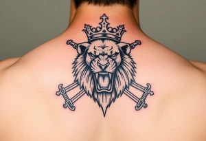 Fierce lion roaring, crown tilted, crossed swords framing its head. tattoo idea