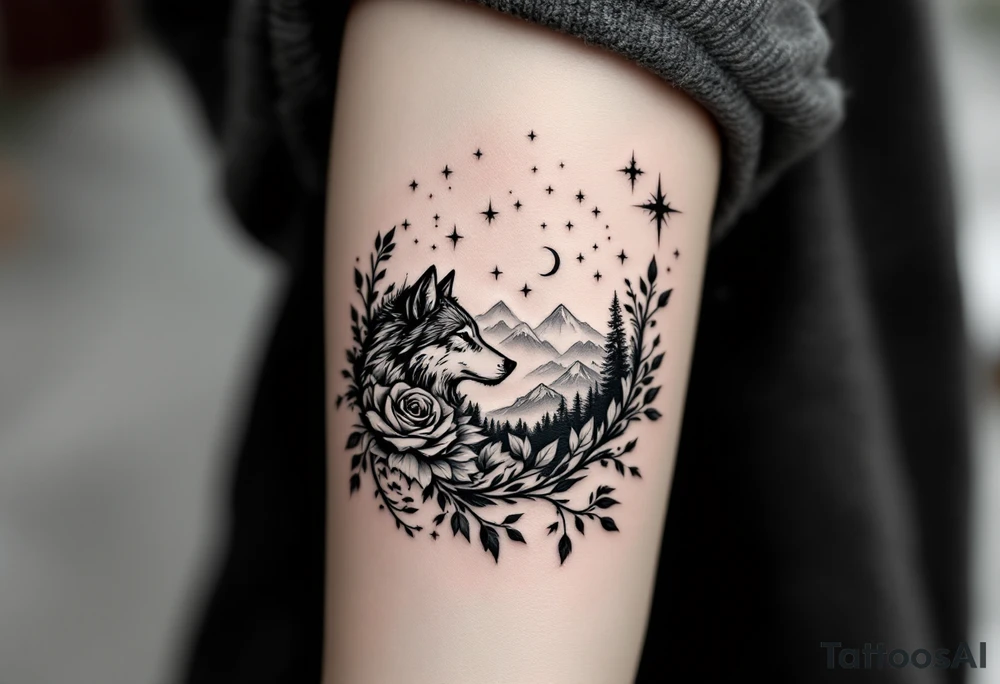Rose vine with wolf, moon and stars mountains wrap tattoo idea