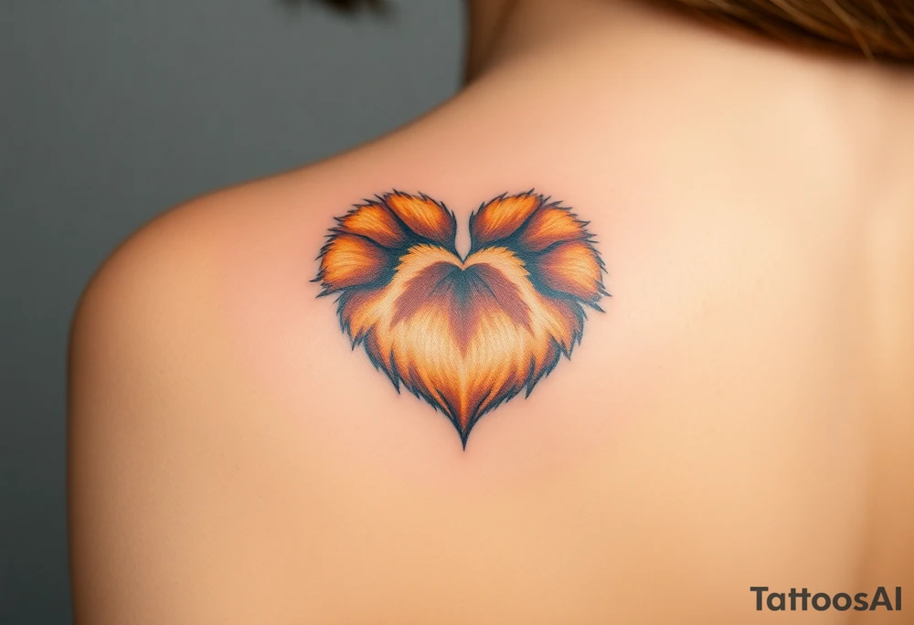 A hyper-realistic dog paw forming a heart, with fine fur details and warm shades of golden brown, caramel, and soft beige for a lifelike effect tattoo idea