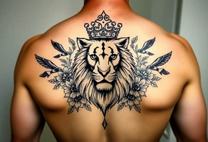 powerful majestic lion with a crown, surrounded by floral ornaments and birds tattoo idea