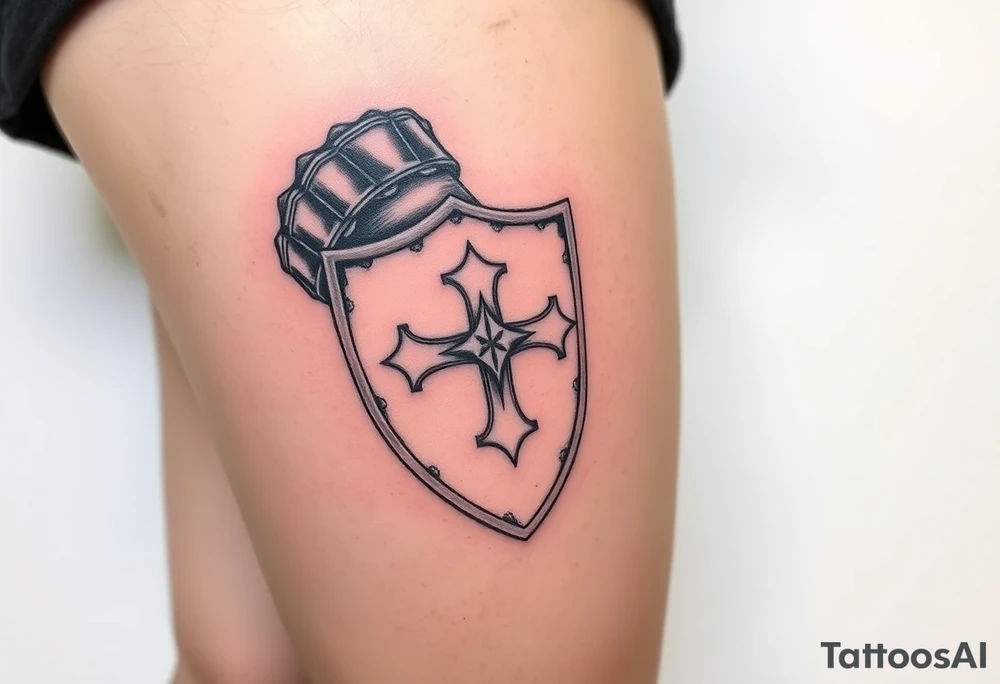 A knight’s gauntlet gripping a shield engraved with the Templar cross tattoo idea