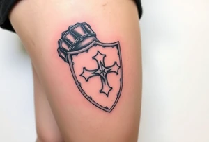 A knight’s gauntlet gripping a shield engraved with the Templar cross tattoo idea