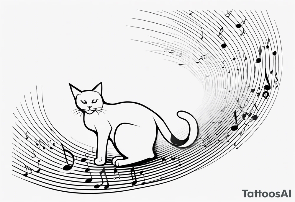 Outline of cat reaching to a music note, small tattoo idea